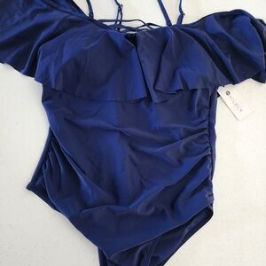 New One piece Swimsuit Navy Off The Shoulder Ruffle Bodysuit Size XL